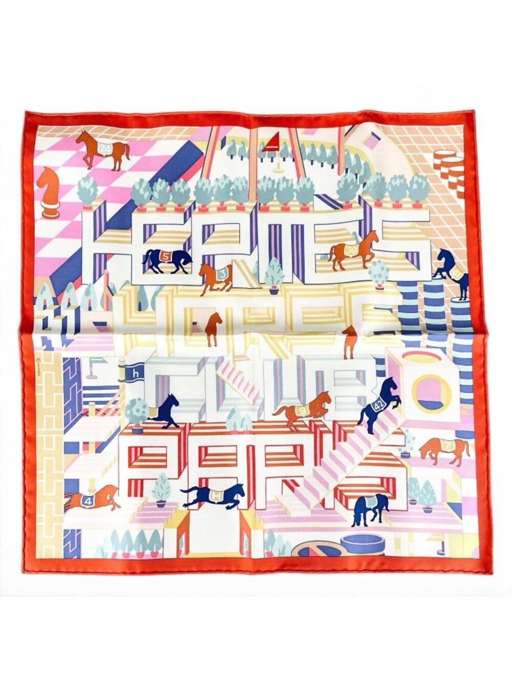 Hermes Carre 45 Gavroche Horse Club Detail Silk 100% Scarf Multi
